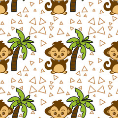 Texture cartoon monkey and coconut tree seamless pattern background. illustrators drawing .