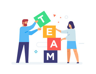 people stack cubes teamwork. Flat illustration Icons infographics. Landing page site print poster.