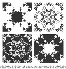 Set of seamless patterns with hearts, interlaced spirals and birds. Romantic. Monochrome. Colors Dark grey and White. Vector.