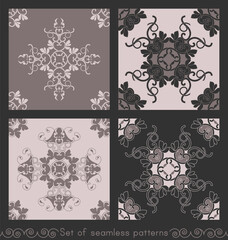 Set of seamless patterns with hearts, interlaced spirals and birds. Romantic. Colors Pinkish Brown dark and Pinkish Brown light, Dark grey. Vector.