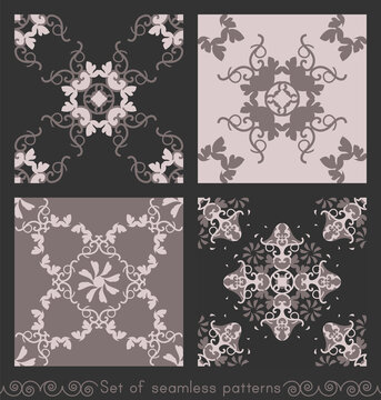 Set of seamless patterns with hearts, interlaced spirals and birds. Romantic. Colors Pinkish Brown dark and Pinkish Brown light, Dark grey. Vector.