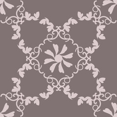 Seamless pattern with hearts, interlaced spirals and birds. Romantic. Colors Pinkish Brown dark and Pinkish Brown light. Vector.