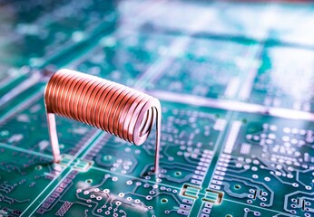 Copper wire stands on a green microcircuit