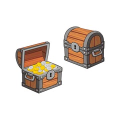 Wooden Chest set for game interface, closed and opened with golden coins, isolated on white background