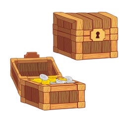 Wooden Chest set for game interface, closed and opened with golden coins, isolated on white background