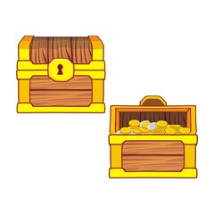 Wooden Chest set for game interface, closed and opened with golden coins, isolated on white background