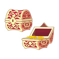 Wooden Chest set for game interface, closed and opened with golden coins, isolated on white background