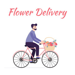 Online flower delivery business. Young courier delivering bouquet to the customer on bike. Vector cartoon illustration