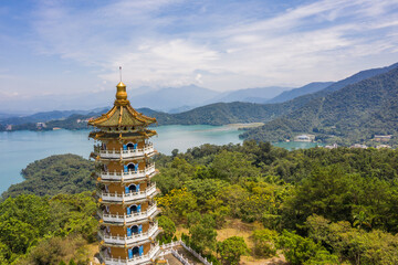 Aerial view of Ci En Pagoda at Sun Moon Lake