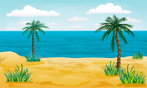 summer beach vector background. tropical sea and sandy shore with palms. cartoon style illustration of seaside at sunset, waves, clouds and coconut trees. poster or flyer template for summer vacation.