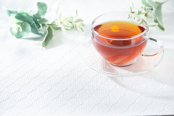 透明グラスに入ったノンカフェインのルイボスティー。