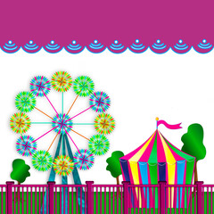 Obraz premium Graphic illustration of a colorful amusement park with spinners representing a Ferris Wheel in different colors. Circus tent in forefront with text area above.