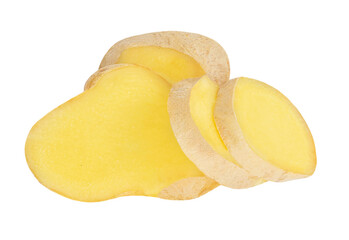 Fresh ginger slices isolated on white background. Ginger Food concept. Macro