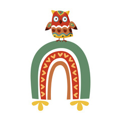 Naklejka premium Folk owl on rainbow print for kids. Сute bird with colorful rainbow for printing t-shirts, wall art, greeting card. Vector illustration in cartoon style.