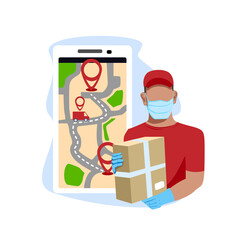 Courier in medical mask and gloves delivers the package. Quarantine. Social distance. Vector illustration.