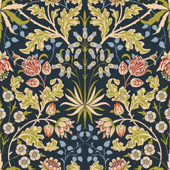 Vintage flowers and foliage seamless ornament on dark background. Vector illustration. - 363571266