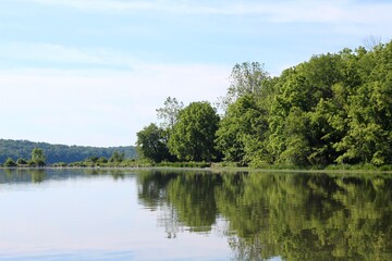 The reflecting trees off the water of the lake.