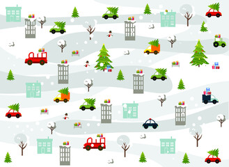 Christmas illustration with a map of the winter city. Vector illustration with houses, roads, trees, christmas trees, cars in a flat style