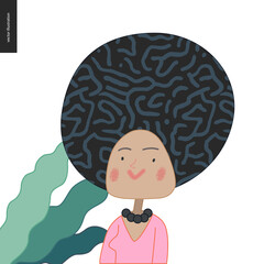 Bright characters portraits - hand drawn flat style vector design concept illustration of an adult black haired woman, face and shoulders avatar. Flat style vector icon