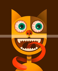 Close up of a comic cat with long tongue. Vector illustration. 