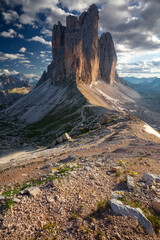 Naklejka premium Three Peaks of Lavaredo. Image of Italian Dolomites with famous Three Peaks of Lavaredo (Tre Cime di Lavaredo) South Tyrol, Italy, Europe at summer sunset.