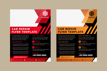 car repair flyer template designs with space for photo collage on top. Combination red and gold on element design, black on background, and white in text. Vertical layout of ad. diagonal shape. 