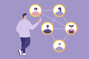 Social network. Social network concept. Young male character connecting together different members of the system. Vector flat illustration in modern style.
