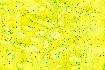 Abstract background with blots and bubbles. Yellow and green colors. Beautiful creative print. Watercolor wet texture. Abstract art hand paint. Original artwork. Color splashing on paper