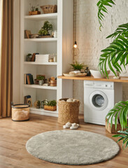 Modern bath room with washing machine and bookshelf style, home accessory wood table and sink.