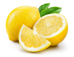 Lemon fruit with leaf isolate. Lemon whole, half, slice, leaves on white. Lemon slices with zest isolated for lemonade. With clipping path. Full depth of field. - obrazy, fototapety, plakaty