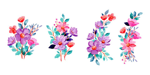 watercolor floral bouquet collection, pink purple floral arrangement for wedding invitation, greeting, card, decoration, background, wallpaper etc.