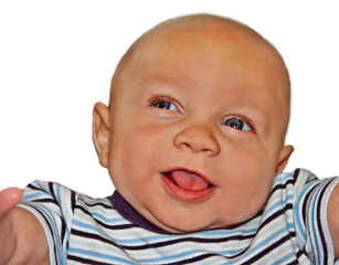 This darling 4 month old baby boy is bi-racial, bald with blue eyes, smiling and happy on a white background.  He's wearing a striped Tshirt.
