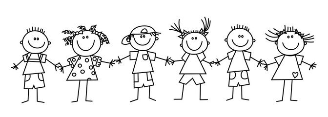 Group of funny kids holding hands. Happy cute doodle children.
Friendship concept. Isolated vector illustration in hand drawn style on a white background.