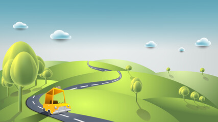 Yellow car move along country road and journey on summer. Vector art and illustration travel concept