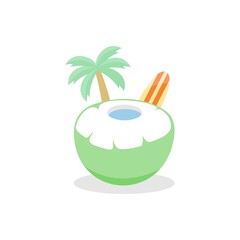 fresh coconut fruit perfect for drink at beach with palm tree and surf board vector illustration design