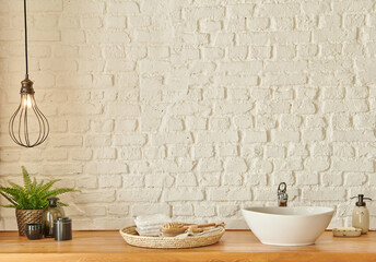 Bath room, sink and mirror decoration style, white brick wall concept interior.