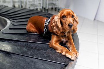 Portrait a cocker spaniel dog for detecting drugs at the airoport sitting and waiting on baggage...