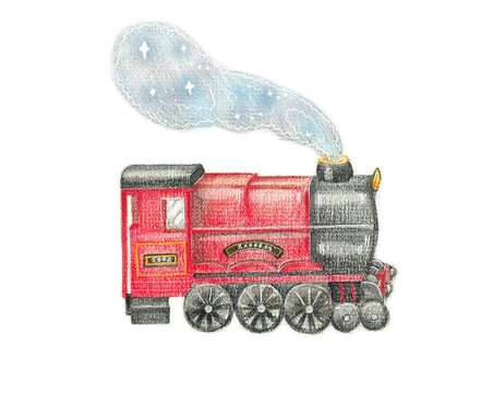 Magic red train express. Hand drawn book illustration.