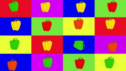 Bright colored coloured squared funny background with dancing paprika vegetables, red, orange, yellow, green peppers. - Powered by Adobe