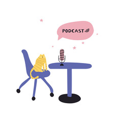 Topic of the podcast is the desktop microphone funny cat in the room. Media tool, mic and speech bubble doodle icon. Sound recording device, media equipment hand drawn vector illustration.