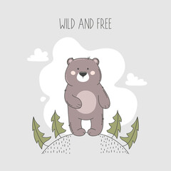 Bear illustration in forest with wild and free lettering.
