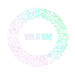 Freelance work. Individual elements in the office. Printing on banners, posters, paper. Doodle style.  Vector isolated illustration with work environment elements on a white background. Work at home.