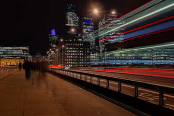 London city skyscrapers night long exposure taken from London Bridge