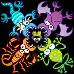 Scary blue lizard, purple bat, green frog and orange scorpion attacking a defenseless housefly from four sides. They form a colorful odd design module that can be tiled as a pattern to the infinity