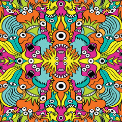 Colorful seamless pattern design composed by crazy weird creatures such as monsters, aliens and fishes. They are aligned using two axes of symmetry creating 3 mirrored images from the original one