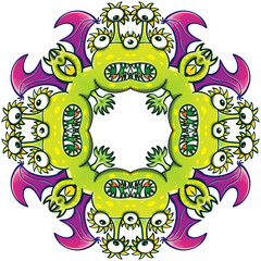 Chain of weird dragons with sharp fangs and bat wings forming a circular pattern. They are all merging to give birth to a single complex form composed by eight monstrous individuals