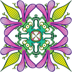 Three-eyed insects with four purple wings and green bodies coming from four sides. They meet in a central point where they stick their tongues out and show sharp teeth while exhibiting yellow abdomens