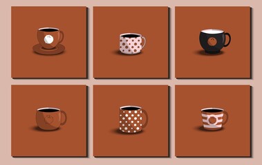 Set of various cups. Side view. Different coconut ornaments, pattern, stripe, etc. Flat Design Vector Illustration. 