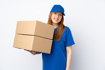 Young delivery woman over isolated white background applauding