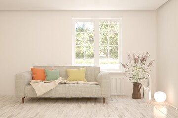 White living room with sofa and summer landscape in window. Scandinavian interior design. 3D illustration